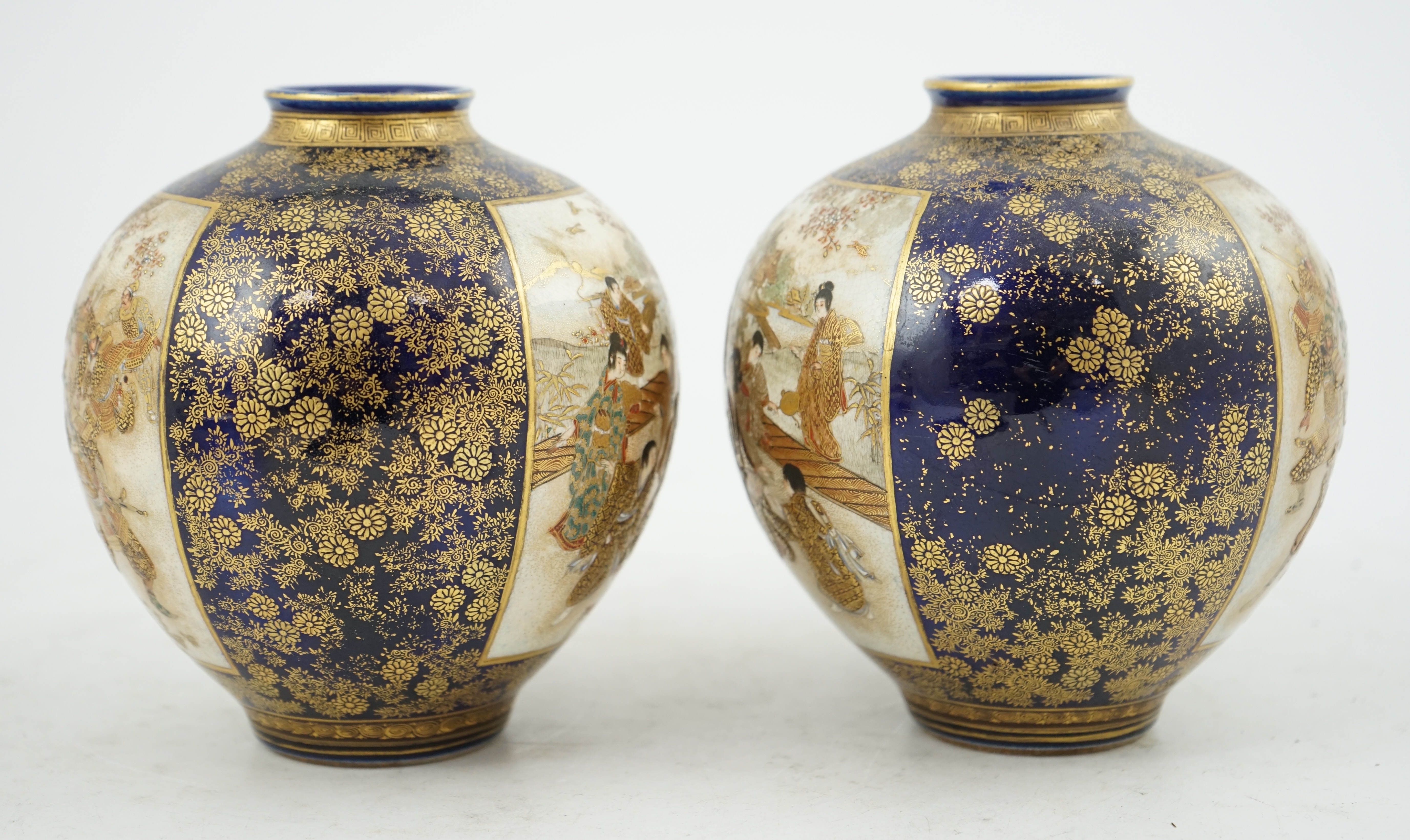 A pair of Japanese Satsuma blue ground globular vases, Meiji period